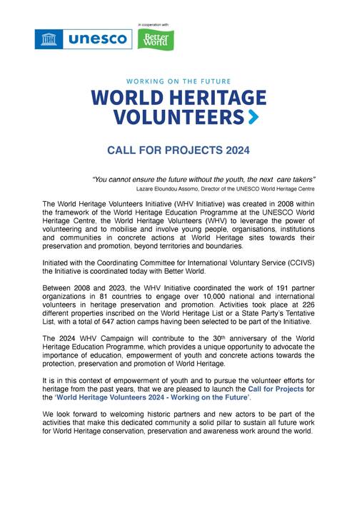 Join the World Heritage Volunteers 2024 Campaign – Working on the Future