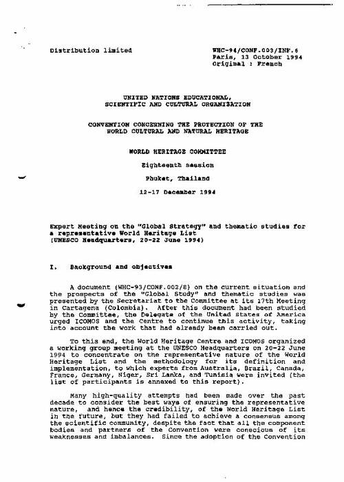 Unesco World Heritage Centre Document Report Of The Expert Meeting On The Global Strategy And Thematic Studies For A Representative World Heritage List Unesco Headquarters 22 June 1994