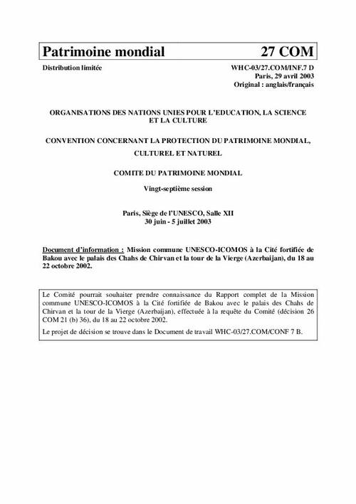 Unesco World Heritage Centre Document Rapport De La Mission Conjointe Unesco Icomos Citee Fortifiee De Bakou Avec Le Palais Des Chahs De Chirvan Et La Tour De La Vierge Azerbaidjan 18 22 Octobre 02