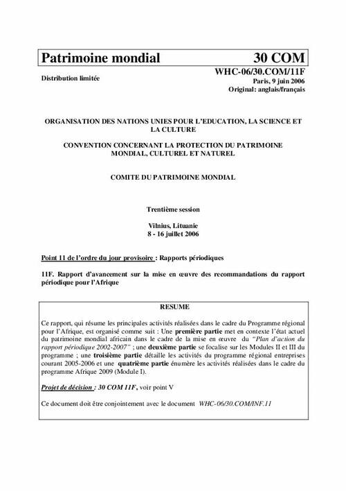 Unesco World Heritage Centre Document Rapport D Avancement Sur La Mise En Oeuvre Des Recommandations Du Rapport Periodique Pour L Afrique