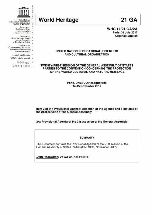 Unesco World Heritage Centre Document Provisional Agenda Of The 21st Session Of The General Assembly